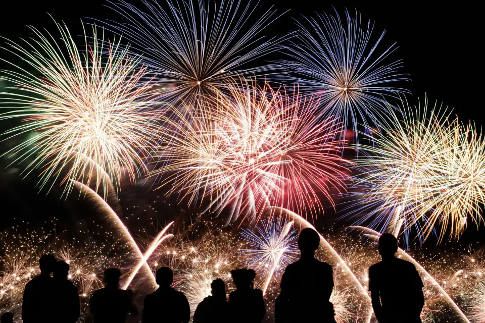 Colourful fireworks bursting over a silhouetted crowd